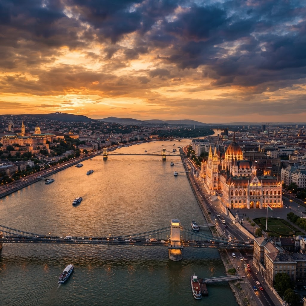 Budapest látképe a Dunával és az Országházzal naplementekor
